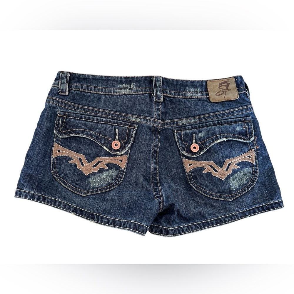 Seven7 Blue Jean Distressed Low Rise Denim Shorts with Distinctive Stitching 32